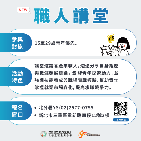 北分署今年推出全新系列《職人講堂》，由職人們分享產業洞見與個人經驗，並探討產業發展趨勢與職涯規劃！_Instructions for literal