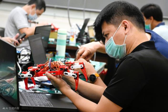 北分署創客基地辦理物聯網、機器人、AI應用等前瞻技術課程，提供自造設備與技術支援。圖為機器人實作課程，學員進行線路連接操作為遠端控制進行設定。_Instructions for literal