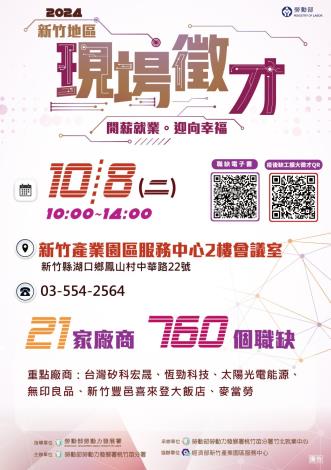 圖說:竹北就業中心10/8(二)在新竹產業園區服務中心舉辦「2024新竹產業園區聯合徵才」邀集21家廠商，提供760個優質職缺。_Instructions for literal