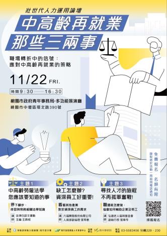 圖說:桃竹苗分署11/22(五)在桃園市政府青年事務局多功能展演廳舉辦「壯世代人力運用論壇」內容涵蓋「法規政策、實務案例、中高齡用人之道」以協助中高齡勞工重返職場。_Instructions for literal