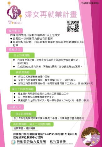圖說:「婦女再就業計畫」提供自主訓練、再就業獎勵及雇主工時調整等3項獎勵措施，鼓勵因家庭因素退出勞動市場180日以上之婦女，順利重返職場。_Instructions for literal