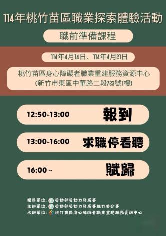 圖說:桃竹苗分署4/14、21辦理「職業探索體驗活動-職前準備課程」，協助身心障礙者增加職場所需技能與經驗。_Instructions for literal