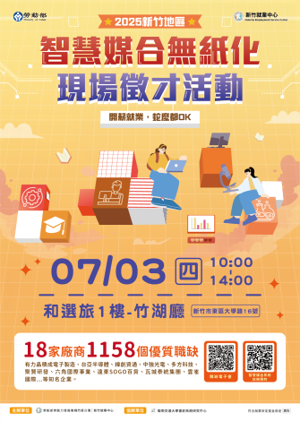 圖說:新竹就業中心7/4（四）舉辦「2025新竹地區智慧媒合無紙化現場徵才活動」邀請18家廠商，釋出1158個多元工作機會，歡迎求職民眾踴躍參與。_Instructions for literal