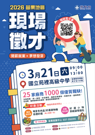 圖說:苗栗就業中心3月21日在國立苑裡高中學生活動中心辦理徵才活動，邀集25家廠商，釋出1000個職缺_Instructions for literal