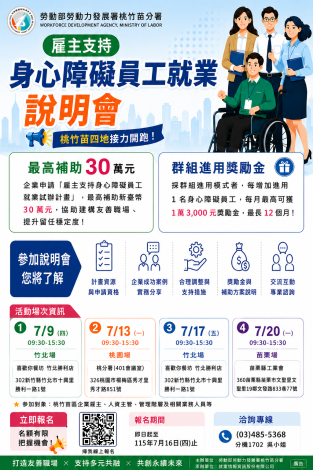 圖說:「雇主支持身心障礙員工就業試辦作業要點」說明會，介紹試辦計畫內容、申請資格及補助項目外，歡迎桃竹苗地區企業踴躍參與。_Instructions for literal