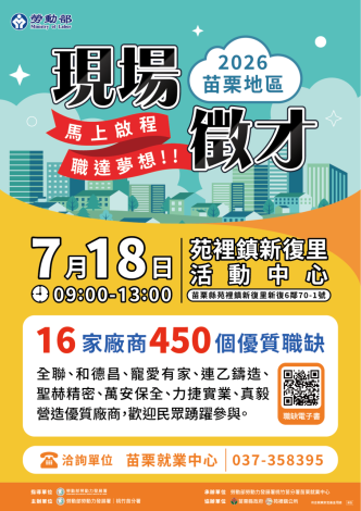 圖說:苗栗就業中心7/18(六)於苑裡鎮新復里活動中心辦理「現場徵才活動」共計16家廠商，釋出450個職缺。_Instructions for literal