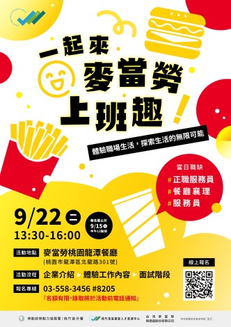 桃竹苗分署9月22日與麥當勞合作辦理「中高齡職場體驗活動」，帶領參與者走進餐飲職場，實際了解工作內容與環境，探索適合自己的就業選擇_Instructions for literal