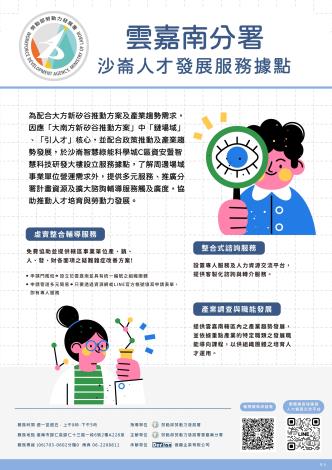 沙崙人才發展服務據點位於國科會資安暨智慧科技研發大樓，提供企業及組織團體整合式諮詢、實地輔導及交流活動等服務，歡迎企業多加運用_Instructions for literal