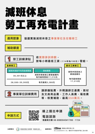 勞工若參加減班休息勞工再充電計畫，每月最高可領17,210元津貼，企業若自行辦訓也可核實申領最高350萬元訓練補助_Instructions for literal