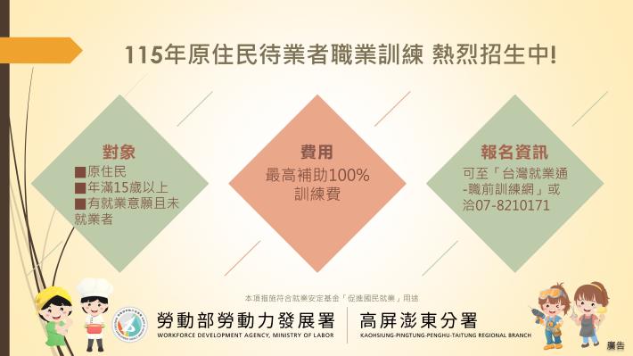 勞動部高分署115年原住民待業者職業訓練課程招生中_Instructions for literal