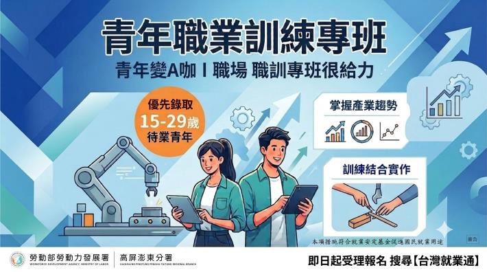 勞動部高分署青年職業訓練專班課程招生中，詳情請上台灣就業通查詢。_Instructions for literal